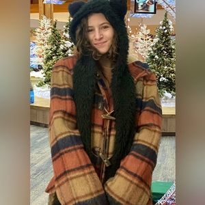 Vintage 60s plaid Austin Reed Regent Street, orange black wool hooded …